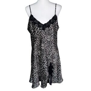 INNER MOST Womens XL Vintage 80s Leopard Print Satin Lace Trim Chemise Nightgown
